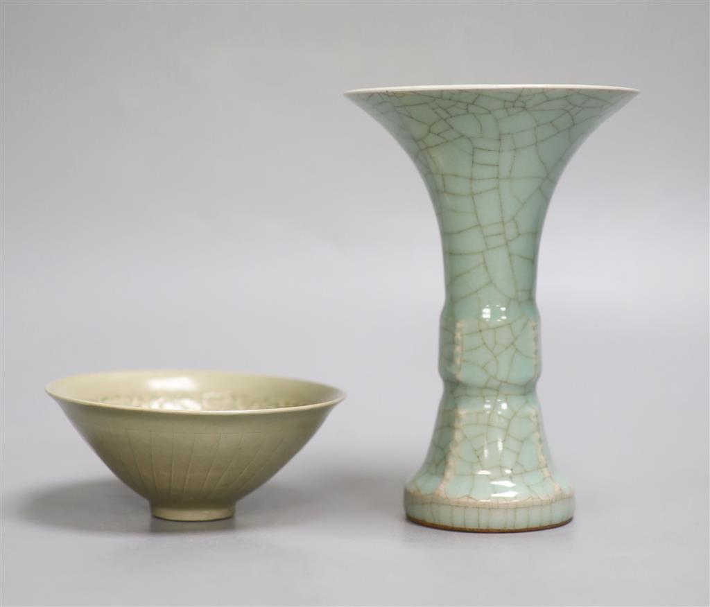 A Chinese crackleglaze beaker vase, height 17cm. and a celadon bowl
